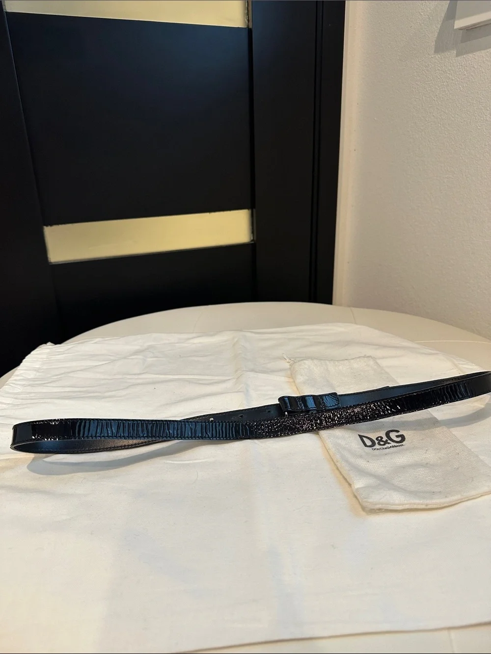 D&G Dolce & Gabbana Black Patent Leather Belt Logo Buckle Size 90